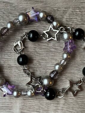 Star Charm Beaded Bracelet Set - Purple, Black & Silver